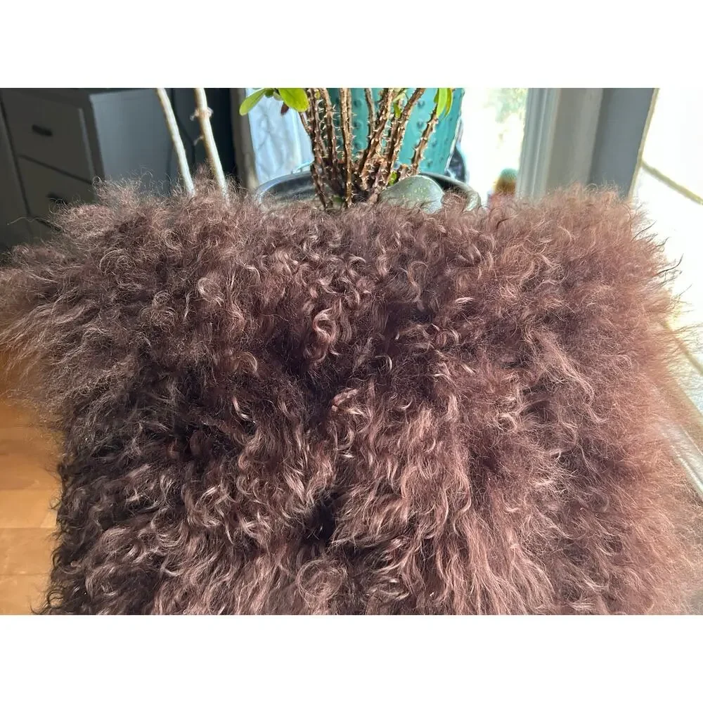 Luxe Mongolian Lamb Pillow Cover with down insert brown